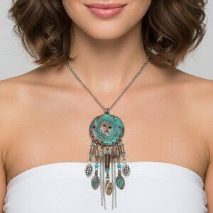 Dreamcatcher Patina Dangle Feather Steampunk‎ Necklace